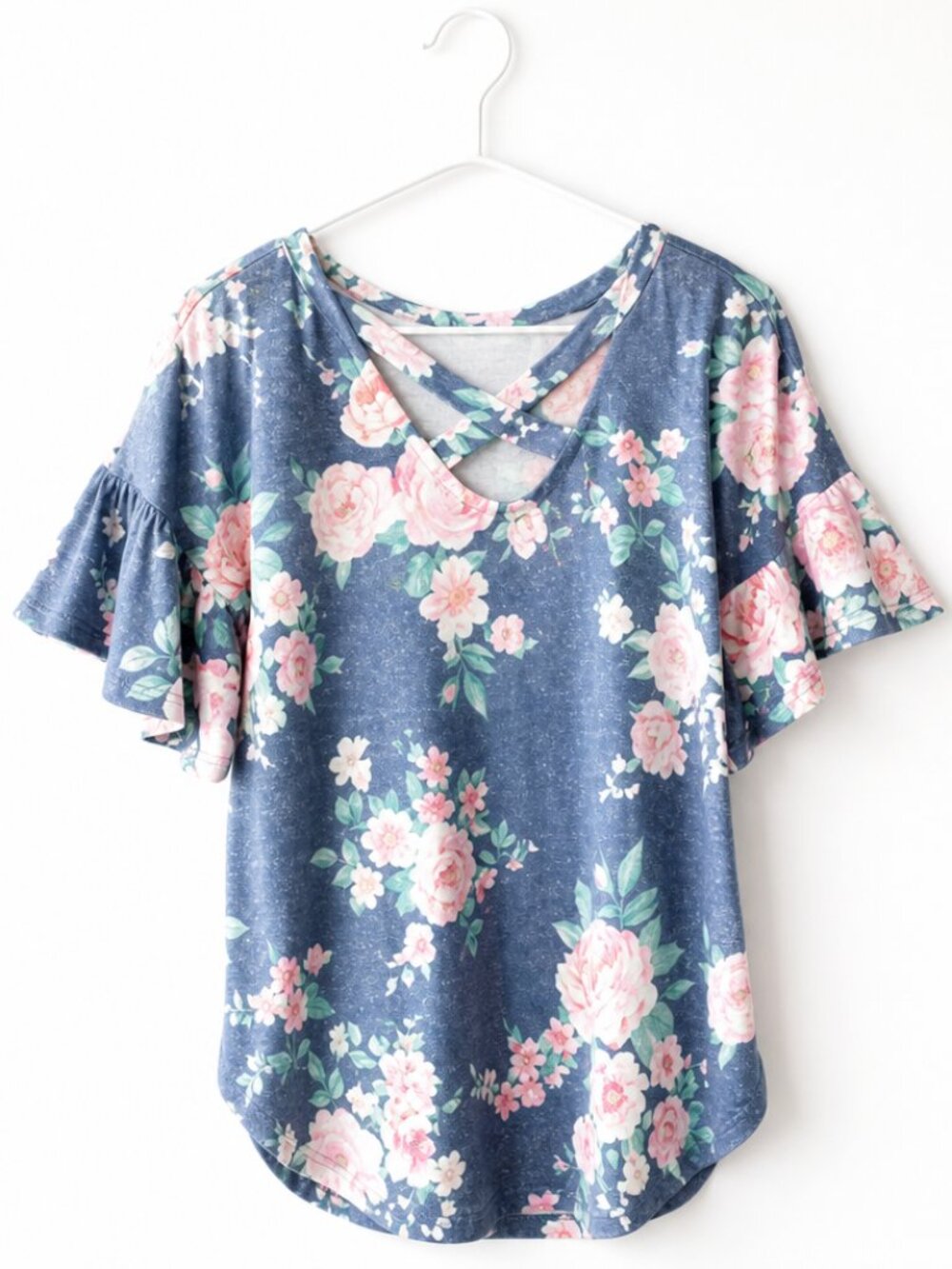 7th Ray Floral Crisscross Ruffle Sleeve Top